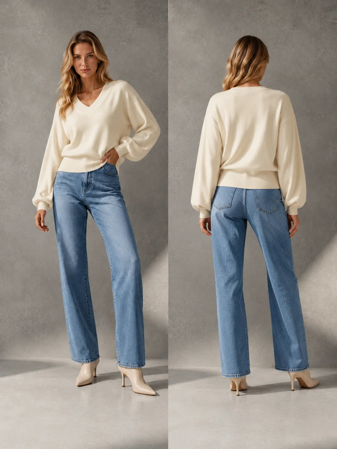 Batwing Sleeve V‑Neck Sweater for Women, Dolman Long Sleeve Ribbed Hem Cropped Knit Pullover, Loose Fit Casual Soft Knitted Jumper for Daily Office Fall Winter