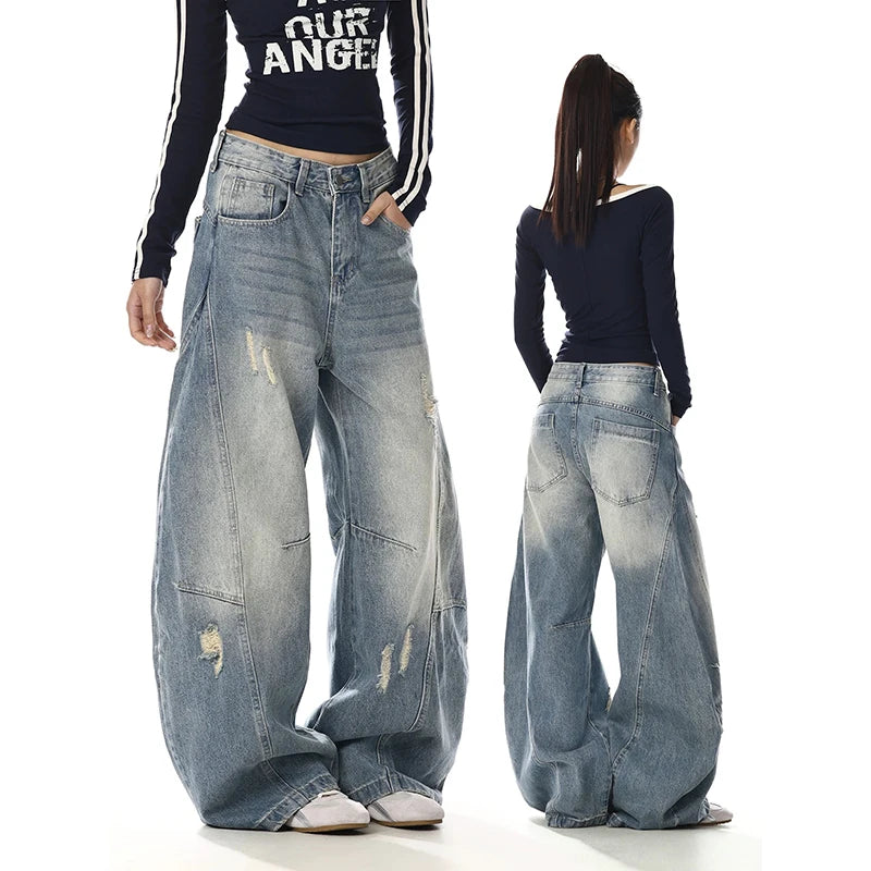 Women Ripped Jean American Retro Denim Blue Pants Y2k Design High Street Wide Fit Cowboy