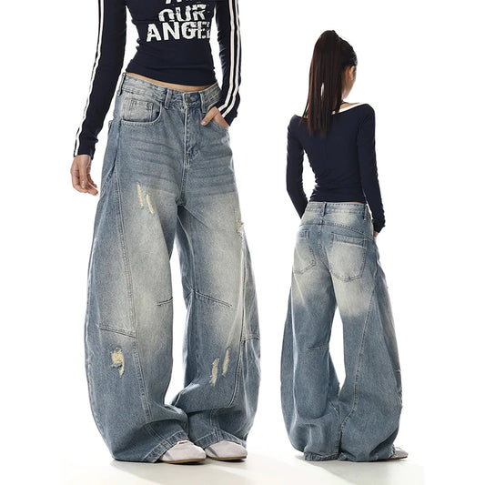 Women Ripped Jean American Retro Denim Blue Pants Y2k Design High Street Wide Fit Cowboy