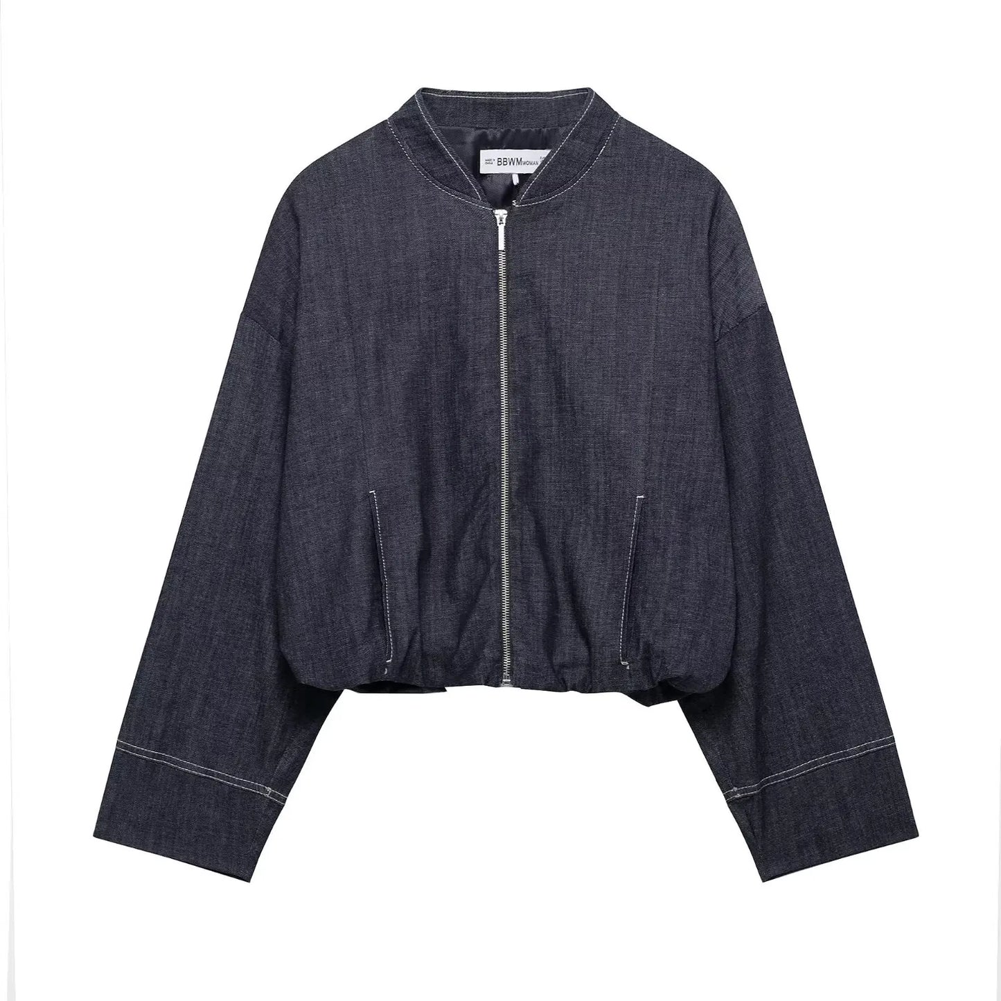 HH New Street Fashion Denim Bomber Jacket For Women Solid Color Stand Collar Zipper With Pocket Balloon Style Causal Coats