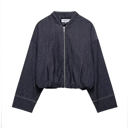 HH New Street Fashion Denim Bomber Jacket For Women Solid Color Stand Collar Zipper With Pocket Balloon Style Causal Coats