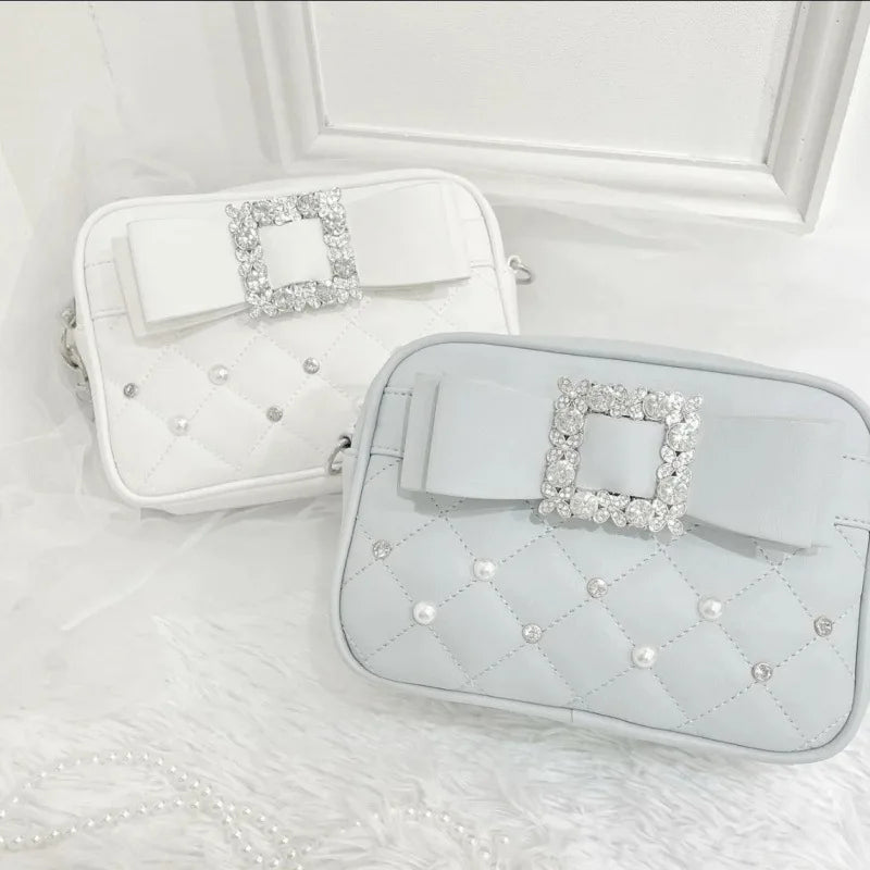 Sweet Knot Pearl Oulder Crossbody Bag Diamond Id Pattern Small Square Bag Faionable for Young Women Pearl Shoulder Rhinestones