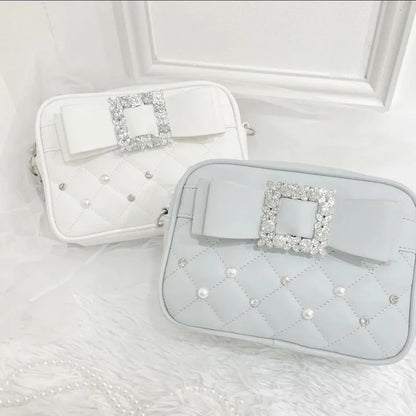 Sweet Knot Pearl Oulder Crossbody Bag Diamond Id Pattern Small Square Bag Faionable for Young Women Pearl Shoulder Rhinestones