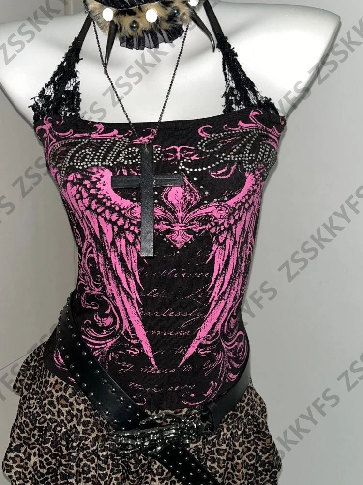 Hot Girl Goth Crop Tanks Streetwear Tube Tops Grunge 2000s Y2k Clothes Sexy Lace Straps Camisole Himekaji Letter Punk Woman Vest