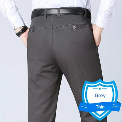 Men's Office Business 100% Cotton Pants Summer Thin & Autumn Thick High Waist Straight Loose Solid Bland Suit Slacks GOZBKF