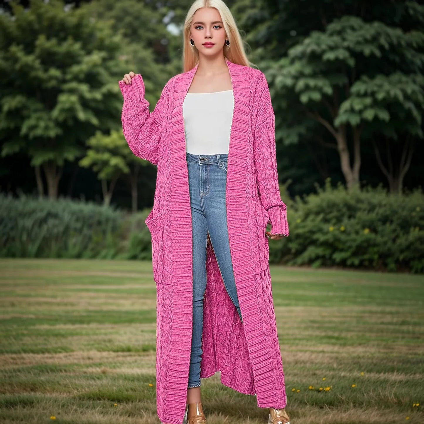 Women's solid-color textured drop-shoulder pocket long cardigan, a casual long-sleeved knitted garment suitable for autumn and winter,