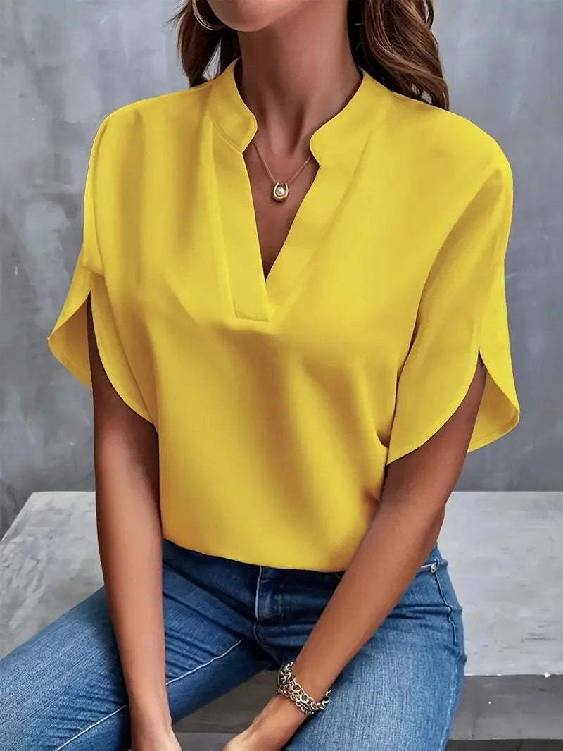 VEITCHE Summer Women Casual Solid Blouse Women Fashion V-neck Half Sleeve Shirts Office Elegant Pullover Loose Blusas Tops