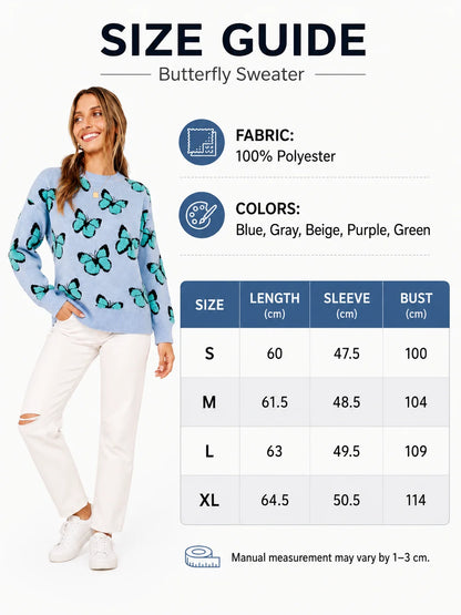 3D Flocking Butterfly Print Knit Sweater for Women Round Neck Drop Shoulder Long Sleeve Loose Pullover Casual Jumper Fall Winter Fashion Streetwear Tops