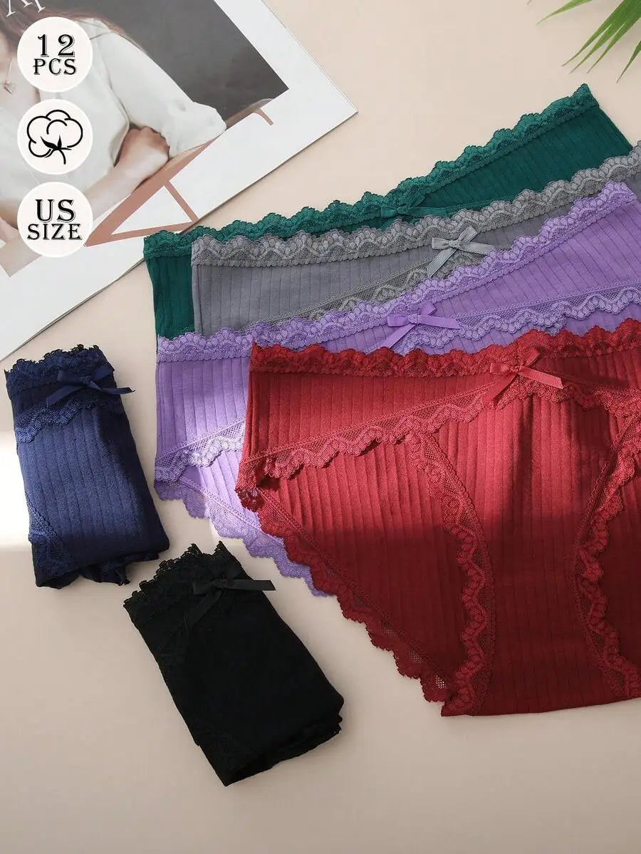 12 Pcs Women Cotton Lace Cheeky Bikini Panties Stretch Hipster Briefs Multipack S-XXL