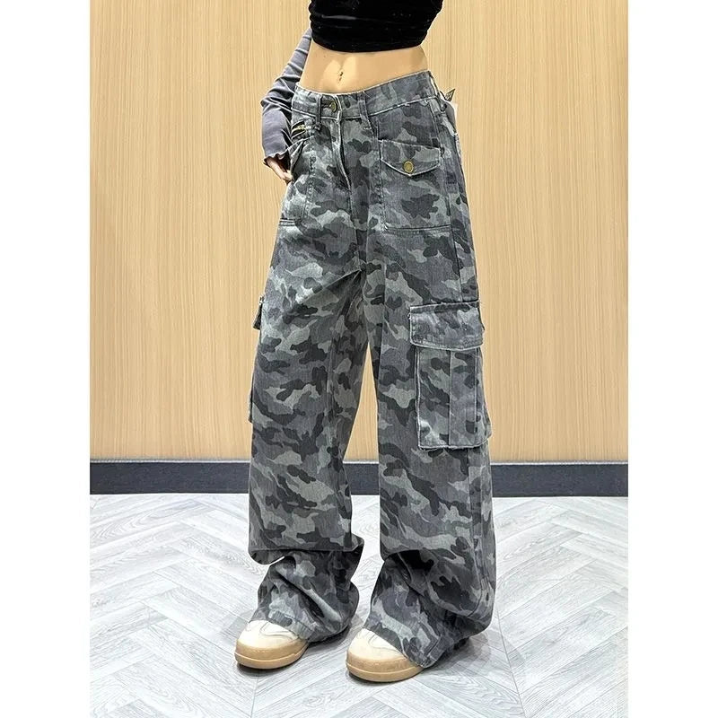 Retro Camouflage Work Pants Women's Spring Autumn Loose Slimming Floor-Length Trousers Multiple Pockets Ladies Casual Workwear
