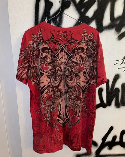 2000s T shirt Summer New Hip Hop Red Round Neck Oversized Long Sleeved T shirt Men Women Casual Gothic Clothing Tops Streetwear