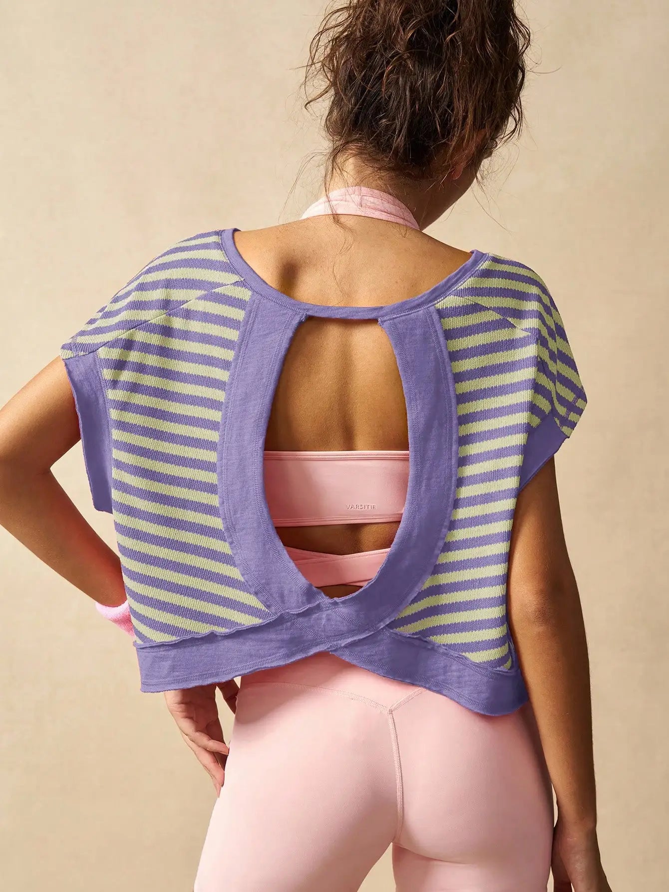 Women Striped Open Back Workout Top Gym Crop Top Summer Active Wear