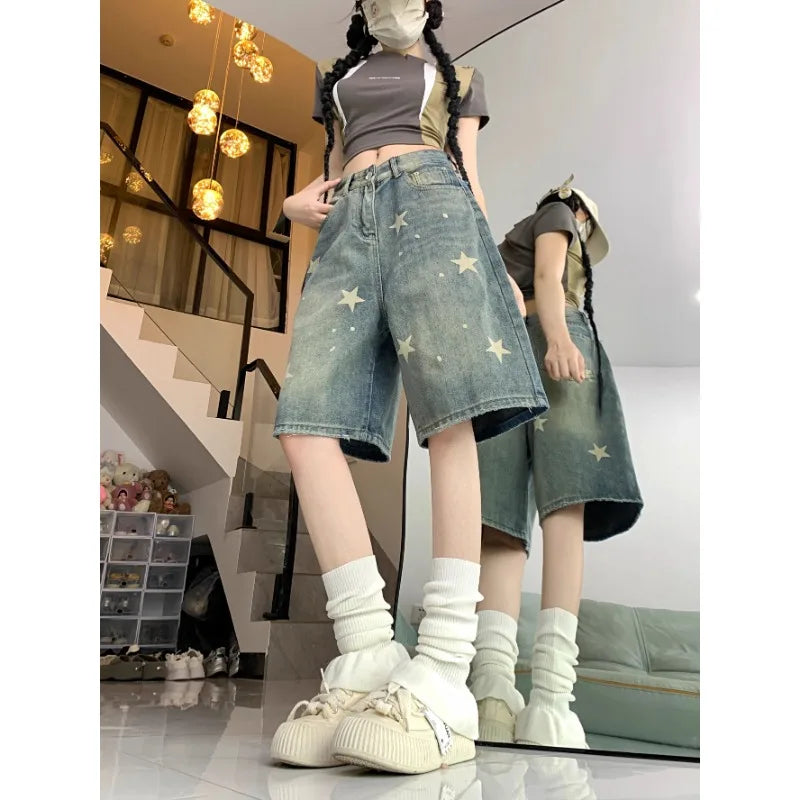 Casual Floral Print Loose Wide Leg Womens Jeans New American Retro Star Design Straight Leg Comfort Stretch Soft Denim Shorts