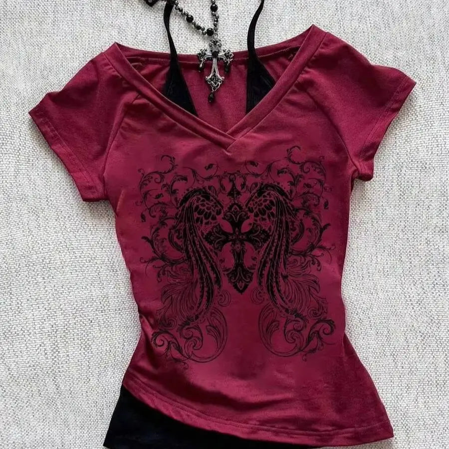 Y2K Grunge Style Summer Women's Gothic Punk V-neck Strap up T-shirt with Skull and Wings Print