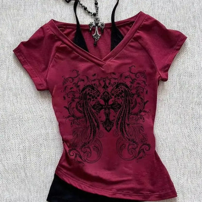 Y2K Grunge Style Summer Women's Gothic Punk V-neck Strap up T-shirt with Skull and Wings Print