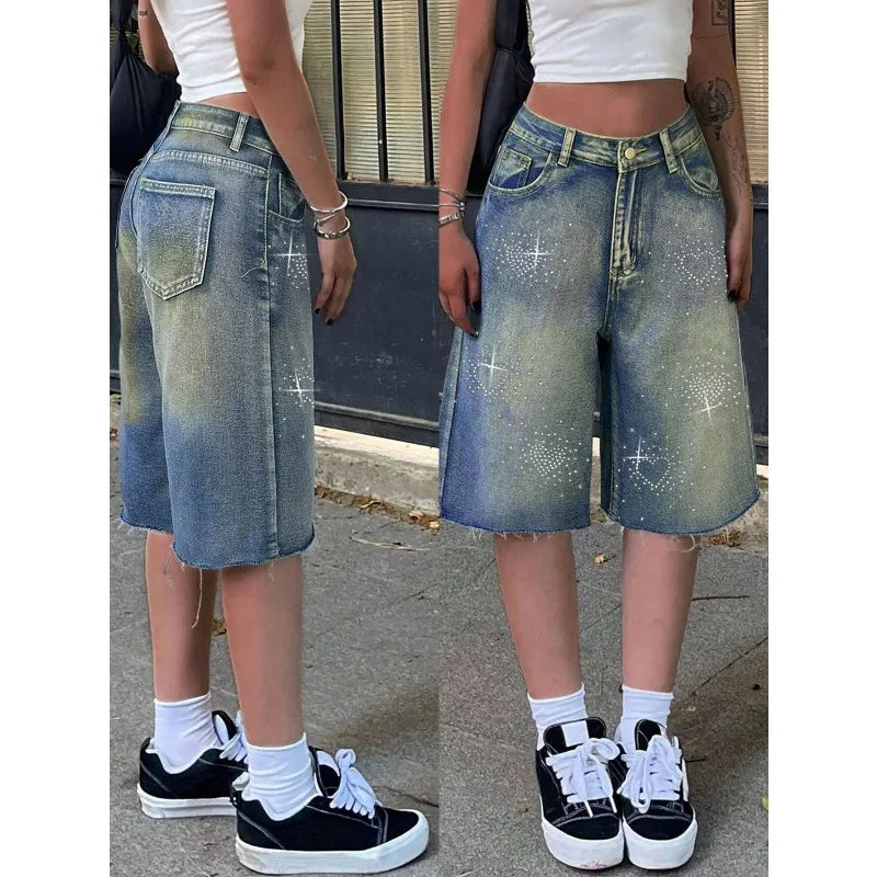 Shorts Female 2000s Jeans Women Jeans Denim Shorts Y2K Retro Slant Pocket Casual Wide Leg