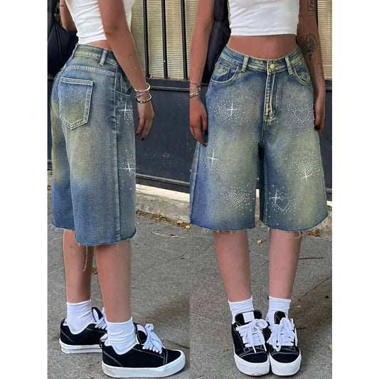 Shorts Female 2000s Jeans Women Jeans Denim Shorts Y2K Retro Slant Pocket Casual Wide Leg