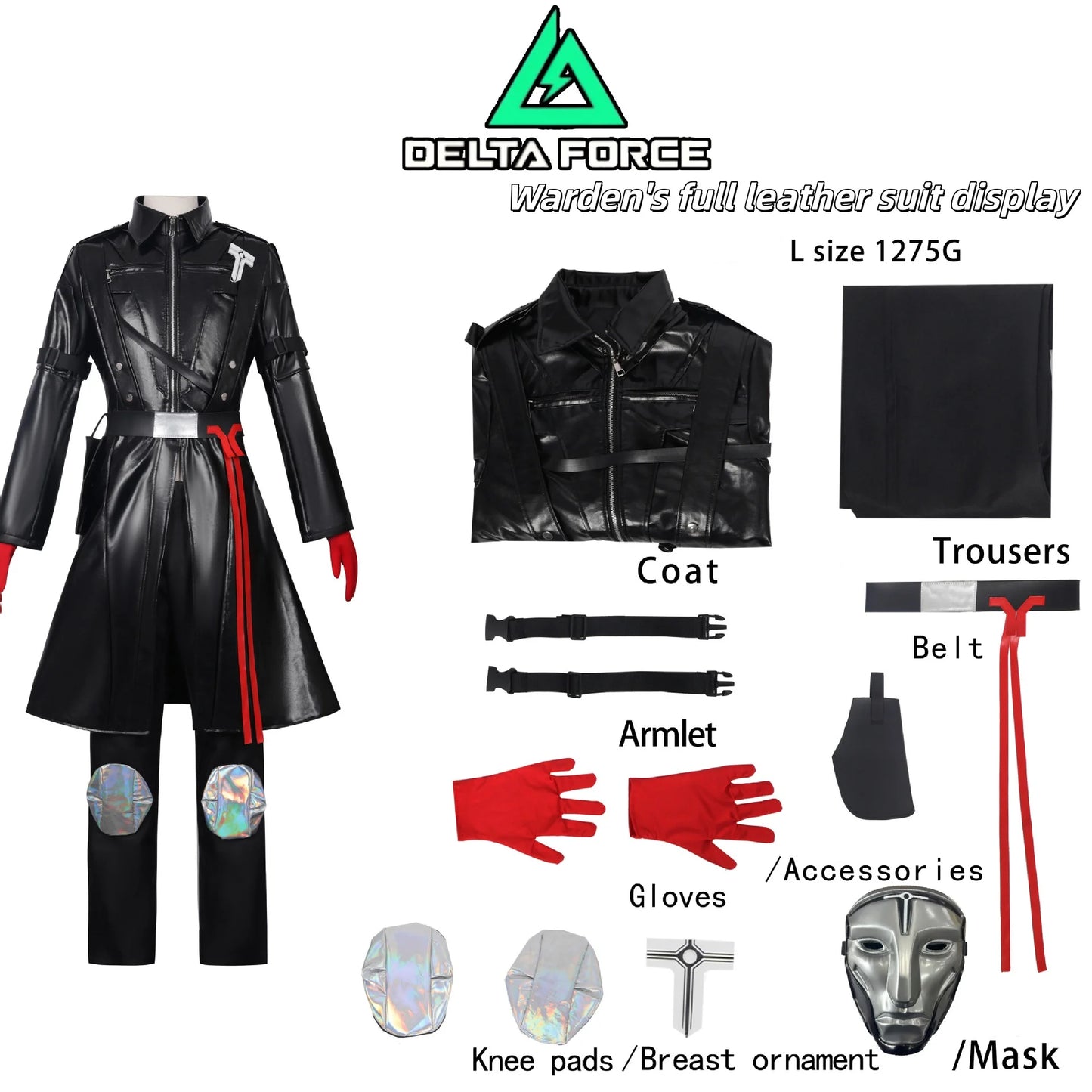 Men's Black Cosplay Costume, Long Coat & Leather Outfit for Game Character, Halloween Carnival Party Wear