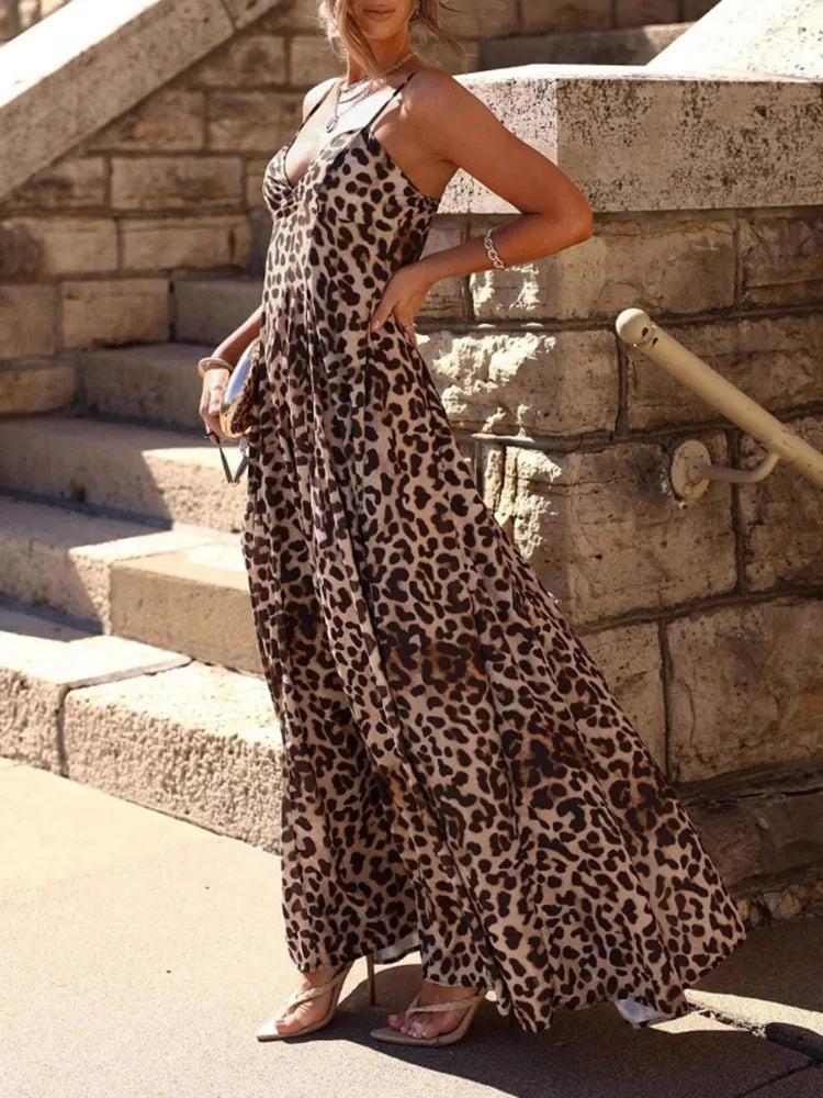 Women Leopard Maxi Dress Women's Casual Dresses Women's Summer Dress Spaghetti Straps Backless High Waist A Line Casual Outfits