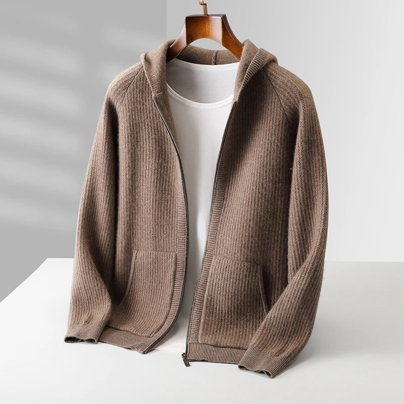 New Men's Thick Zipper Hoodie Cardigan100% Merino Wool Knitted Sweater Casual Loose Autumn/Winter Warm Hoodie Long Sleeve Jacket