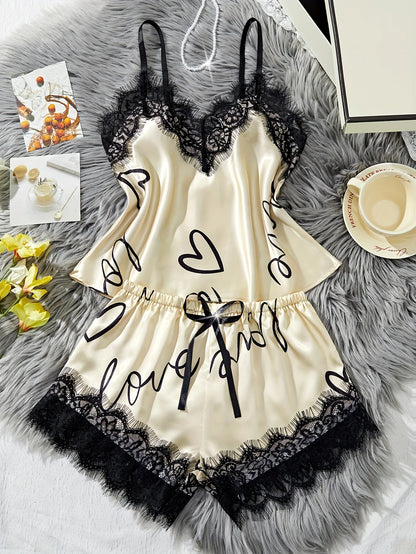 Women‘s Milk Silk Pajamas Set Summer Sleeveless Yellow Heart Print Lace Trim Soft Summer Sleepwear Lounge Sets Nightwear