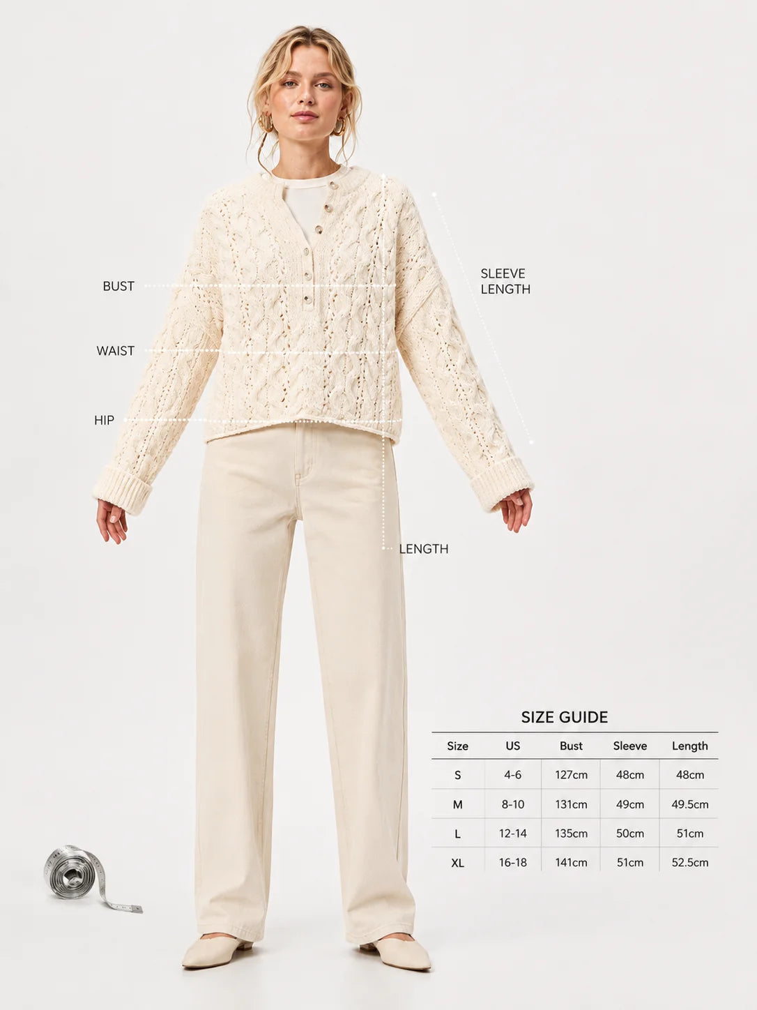 Oversized Chunky Cable Knit Henley Sweater for Women, Half Button V‑Neck Cropped Long Sleeve Pullover, Loose Casual Textured Knit Jumper