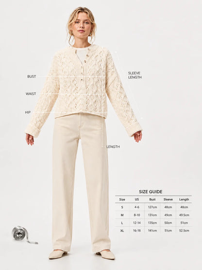 Oversized Chunky Cable Knit Henley Sweater for Women, Half Button V‑Neck Cropped Long Sleeve Pullover, Loose Casual Textured Knit Jumper