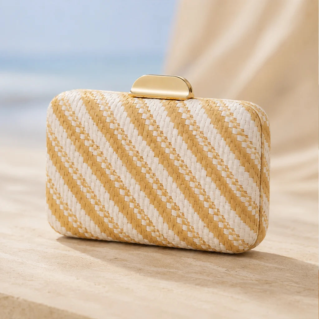 Women Striped Straw Cotton Woven Hard Clutch Bag, Bohemian Box Evening Purse for Wedding Beach Party Banquet