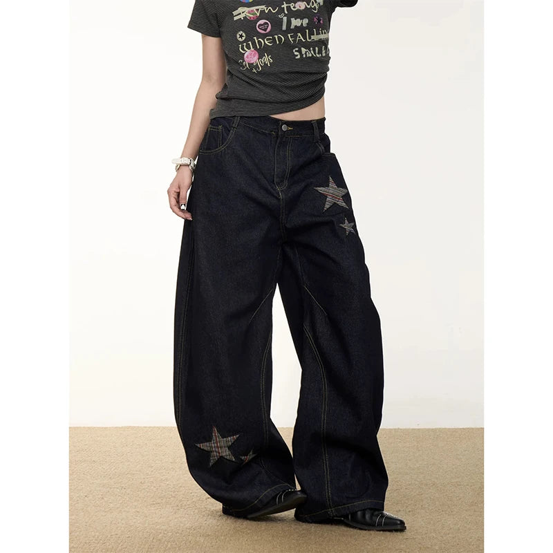 YIBASHU Women Vintage Baggy Black Star Jeans High Waist Denim Trousers 2000s Y2k Harajuku Aesthetic Wide Pants Trashy Clothes