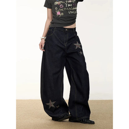 YIBASHU Women Vintage Baggy Black Star Jeans High Waist Denim Trousers 2000s Y2k Harajuku Aesthetic Wide Pants Trashy Clothes