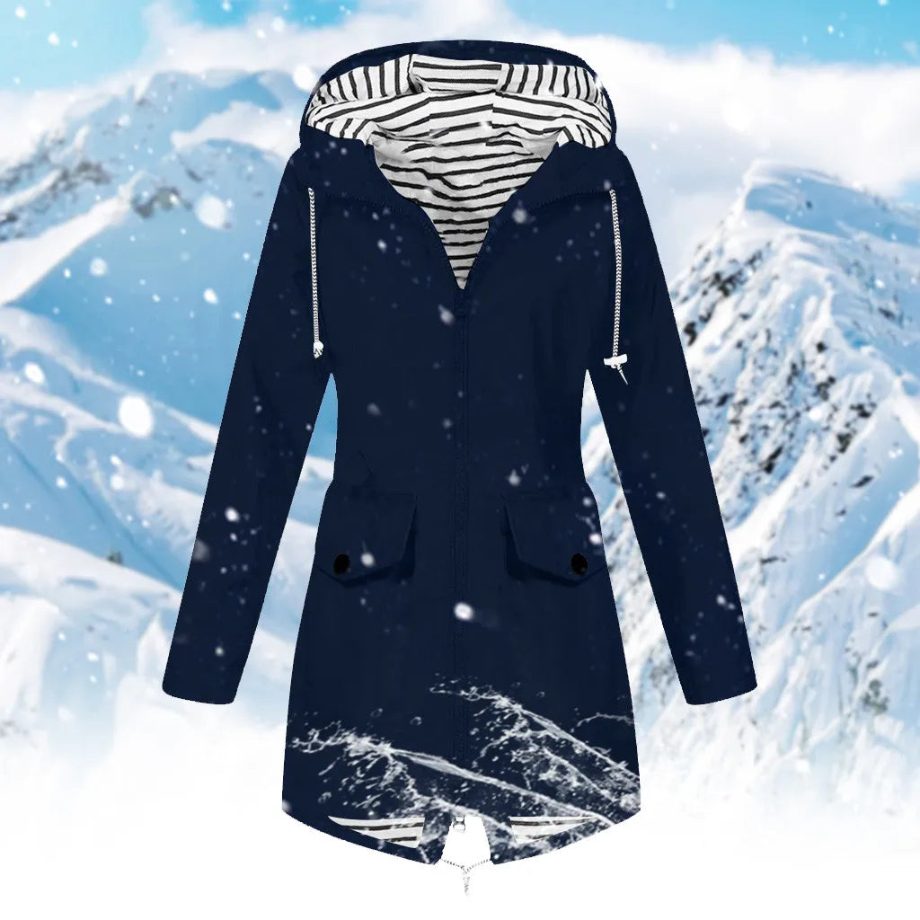Waterproof Windproof Rain Jacket Womens Fall Winter Striped Lined Mid Length Rain Coat Long Sleeve Zip Up Overcoat Cold Weather