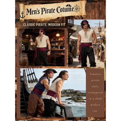 Men's Pirate Costume 8PCS Renaissance Sleeveless Shirt Ankle-Banded Pants Sash Belt & Accessories for LARP Cosplay