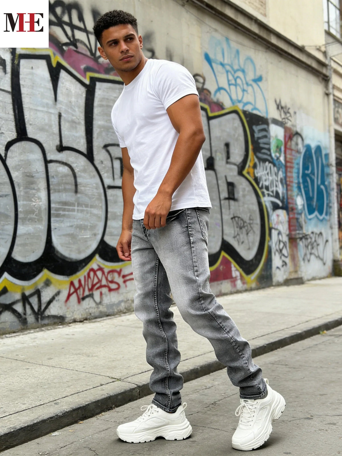 【HME】Men's jeans | Minimalist retro street grey washed denim pants with well-proportioned slim straight cut, wear-resistant breathable denim cloth, timeless basic design, essential wardrobe pants for men's everyday casual