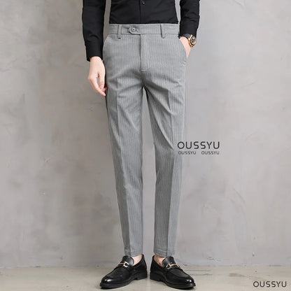 England Stripe Pattern Formal Dress Slim Fit Pants Men Summer Thin Light Gray Black Breathable Skinny Casual Trousers Male