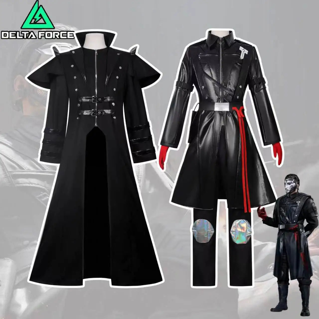 Men's Black Cosplay Costume, Long Coat & Leather Outfit for Game Character, Halloween Carnival Party Wear