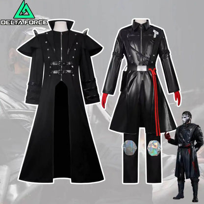 Men's Black Cosplay Costume, Long Coat & Leather Outfit for Game Character, Halloween Carnival Party Wear