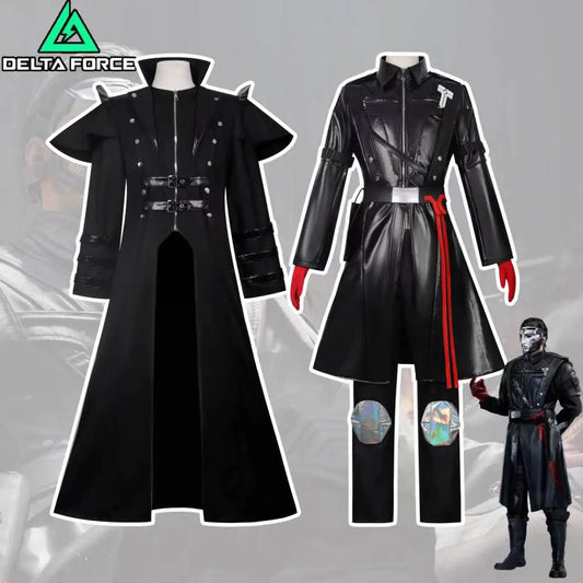 Men's Black Cosplay Costume, Long Coat & Leather Outfit for Game Character, Halloween Carnival Party Wear