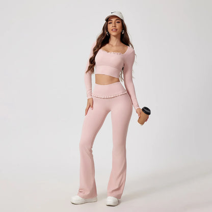 New Summer 2Pcs Women Gym Yoga Female Outfit Outdoor Sports Quick-Dry Long-Sleeved Shirt Set Woman Two-Piece Suit Sportswear