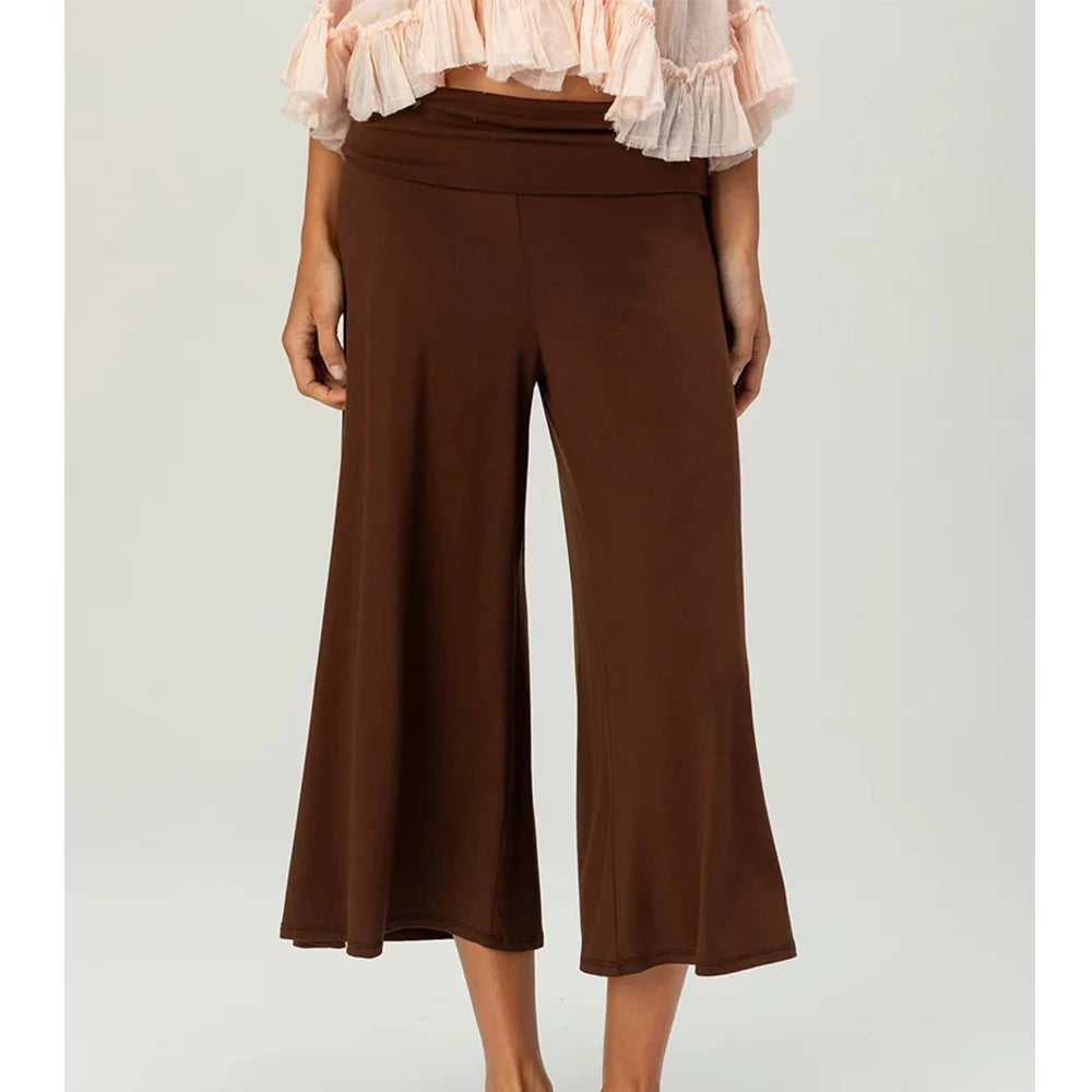 Women Vintage Fold Over Waist Gaucho Pants Low Rise Cropped Wide Leg Capri Pants y2k Foldover Culottes Yoga Pants Pajama Bottoms
