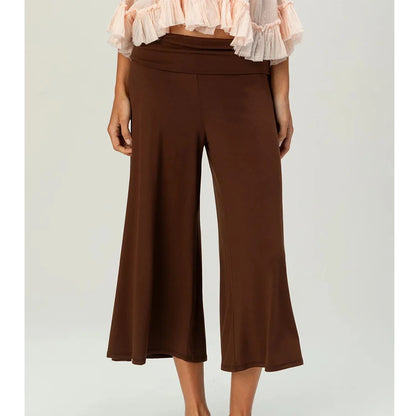 Women Vintage Fold Over Waist Gaucho Pants Low Rise Cropped Wide Leg Capri Pants y2k Foldover Culottes Yoga Pants Pajama Bottoms