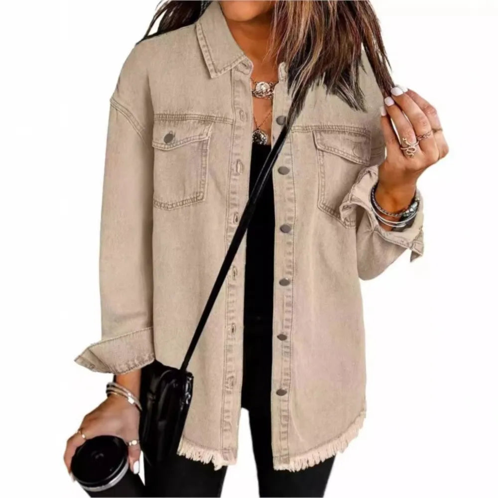 Autumn Winter New Women's Outerwear Denim Shirt Jacket Washed Finish Distressed Hem Single Row Buttons Pockets Street Fashion