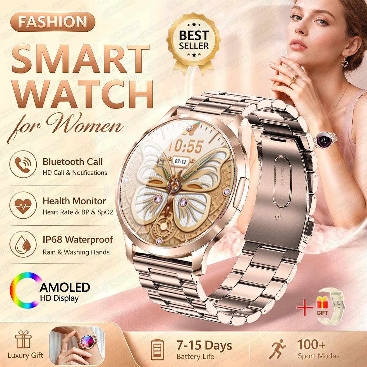 Fashion Women Smart Watch 1.32”AMOLED 100+dials Heart Rate Blood Oxygen Blood Pressure Monitoring Waterproof Give a Gift 2026New