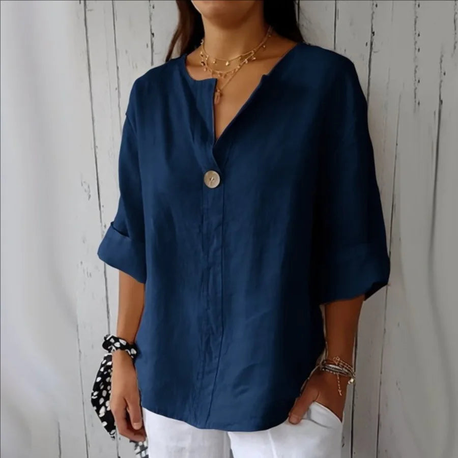 VEITCHE Spring Summer Women's Shirt Blouses Top V-neck Button Tee Shirts  3/4 Sleeve Casual Cotton Linen Top Loose Fit Pullover