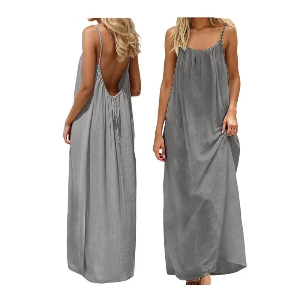 Women's 2026 Summer Ice Silk Crepe Maxi Dress, Solid Color Backless Ruched Spaghetti Strap Casual Long Dress for Beach Vacation