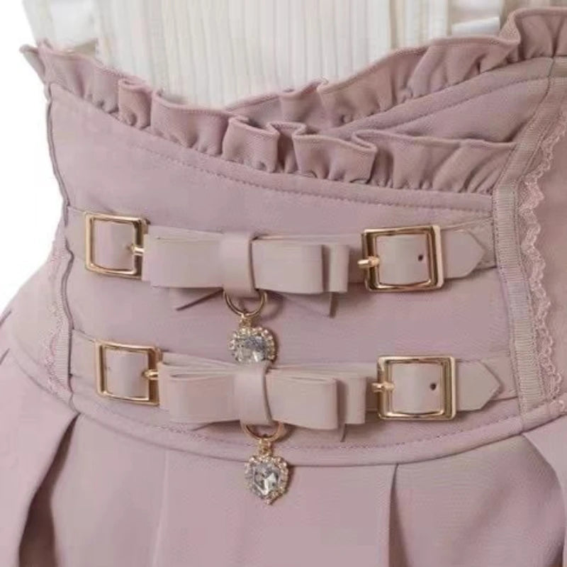 Sweet Lolita Jirai Kei High Waist Skort - Double Bow Buckle Short Skirt for Women Japanese Y2K Kawaii Fashion Summer Casual
