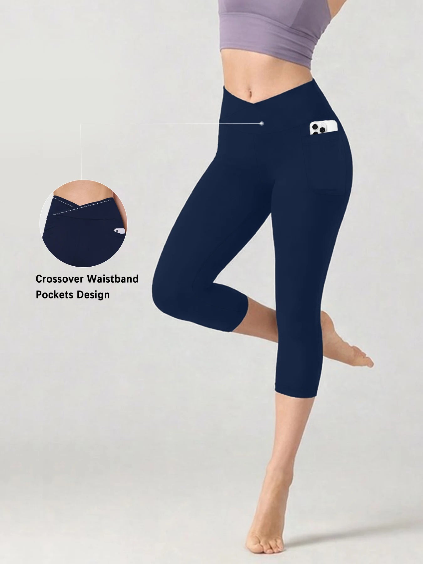 Women's Super Soft Crossover High Waisted Capri Pants With Pockets Tummy Control No See Through Workout Yoga Running Leggings