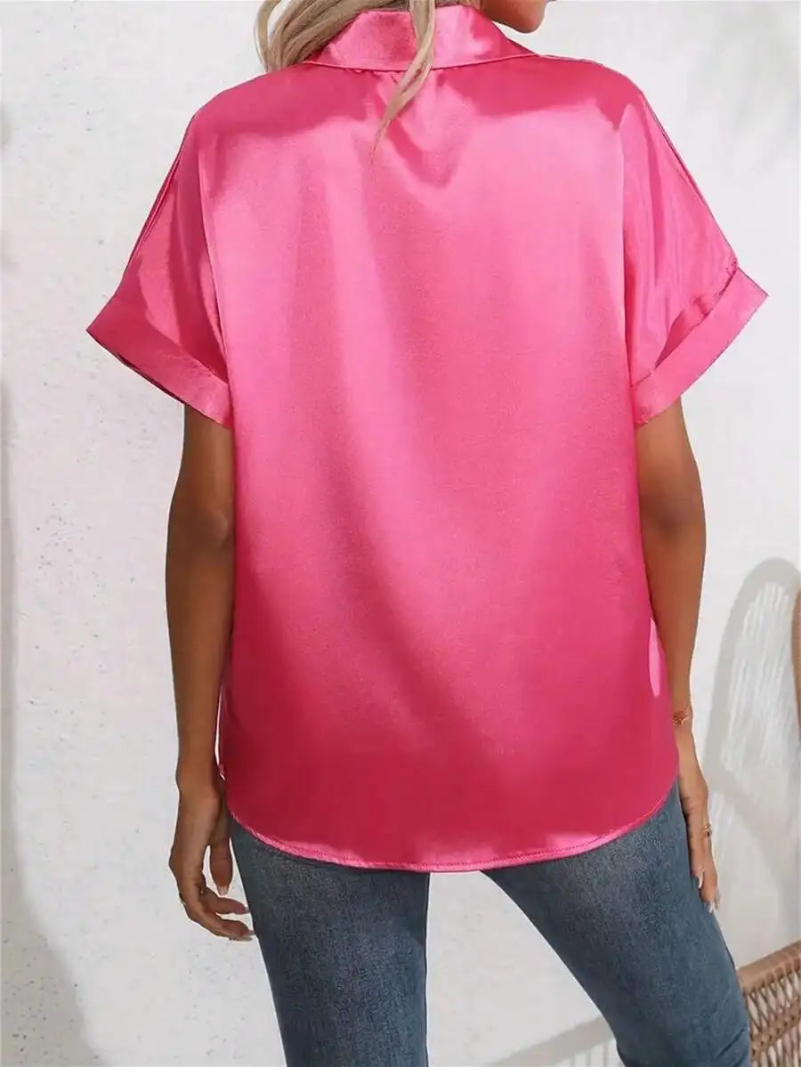 Elegant Turn-Down Collar Button Front Faux Silk Short Sleeve Blouse For Women