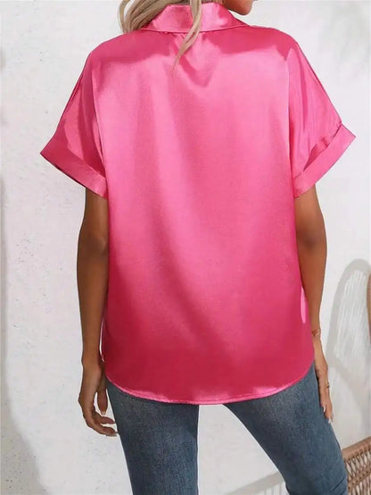 Elegant Turn-Down Collar Button Front Faux Silk Short Sleeve Blouse For Women