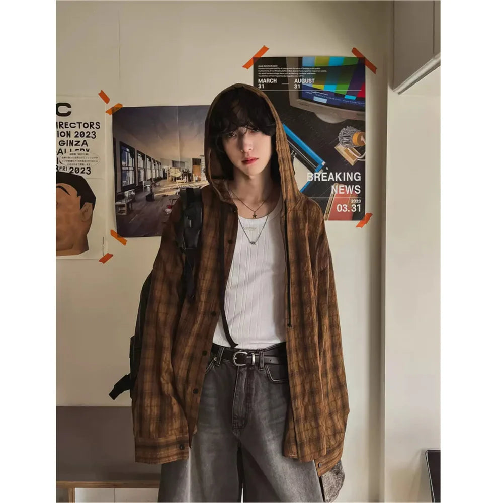 Mens Unisex Oversized Hooded Flannel Style Plaid Shirt Jacket Long Sleeve Button Down Casual Lightweight Jacket for Spring Fall