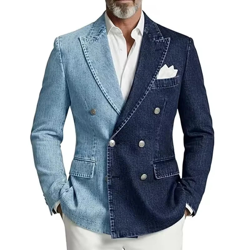 Men's Denim Suit Jacket Double Breasted Peak Lapel Slim Fit Cowboy Blazer Sports Coat Outing Date Night Trendy Party Prom
